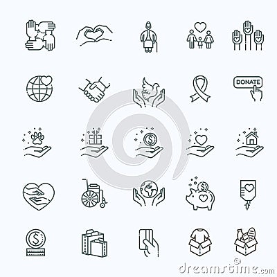 Charity - modern vector line design icons and pictograms set. Vector Illustration