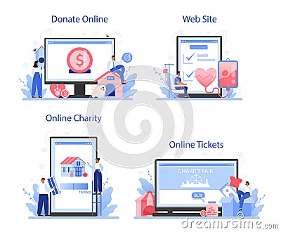 Charity online service or platform set. People or volunteer donate Vector Illustration