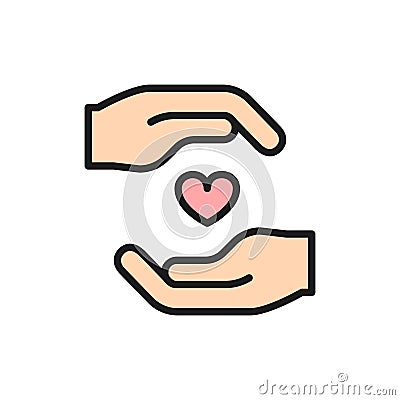 Charity, organs donation, heart protection flat color line icon. Vector Illustration