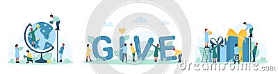 Charity set, tiny people donate hearts to world on globe of Earth, giving gift boxes Vector Illustration