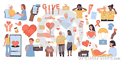 Charity, social help set, voluntary service foundation, volunteers care elderly people Vector Illustration