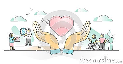 Charity support and money donation for social elderly care outline concept Vector Illustration