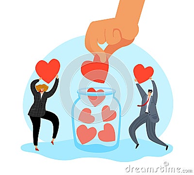 Charity. Support people, social donations, man and woman volunteers put heart in jar, team help and sharing hope Vector Illustration