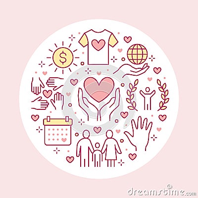 Charity vector circle banner with flat line icons. Donation, nonprofit organization, NGO, giving help illustration Vector Illustration