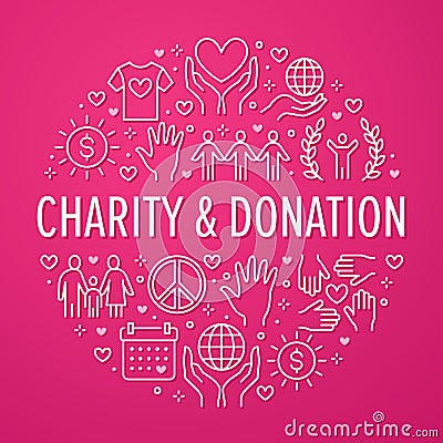 Charity vector circle banner with flat line icons. Donation, nonprofit organization, NGO, giving help illustration Vector Illustration