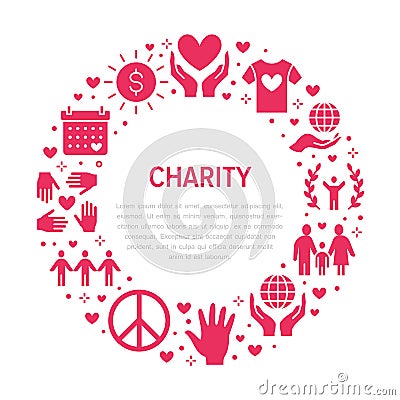 Charity vector circle banner with flat silhouette icons. Donation, nonprofit organization, NGO, giving help illustration Vector Illustration