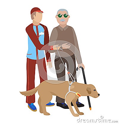 Charity vector volunteer blind people caring elderly disabled or blind characters and volunteering donation or welfare Vector Illustration