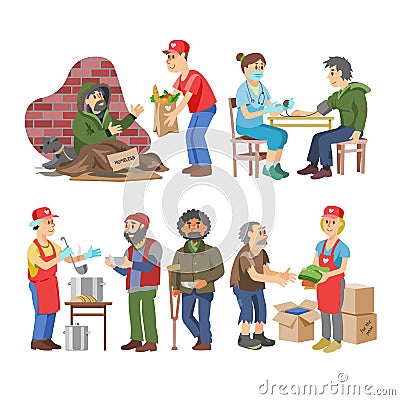 Charity vector volunteer people caring elderly disabled or blind characters and volunteering donation or welfare Vector Illustration