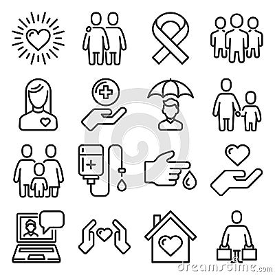 Charity and Volunteer Icons Set on White Background. Vector Vector Illustration