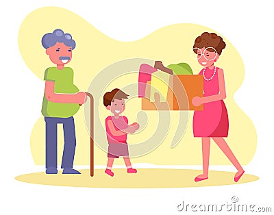 Charity Woman donates clothes Vector. Cartoon. Isolated art Vector Illustration