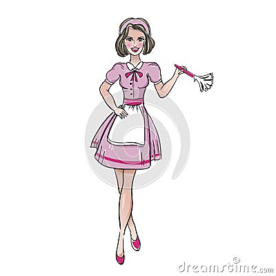 Charlady, Handmaid with duster in pink dress Vector Illustration