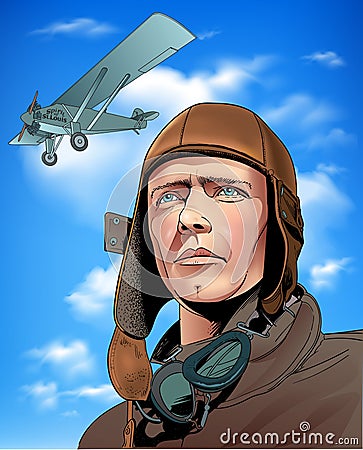 Charles Augustus Lindbergh cartoon portrait Vector Illustration