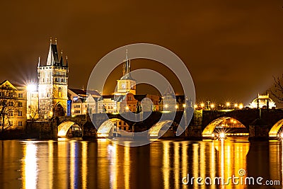 Charles Bridge in Old Town, Prague, Czech Republic at night. Lights. Stock Photo