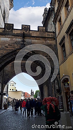 The Charles Bridge in Prague, Capital of the Czech Republic was built in 1357 to cross the River Vlatva. Editorial Stock Photo