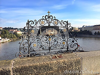 Charles Bridge, Prague, Czech Republic. Decorative lattice where St. John of Nepomuk was thrown into the river Stock Photo