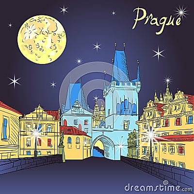 Charles Bridge in Prague (Czech Republic) at night lighting Vector Illustration