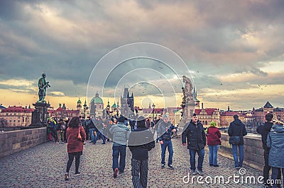 Charles Bridge in Prague, full of people Editorial Stock Photo