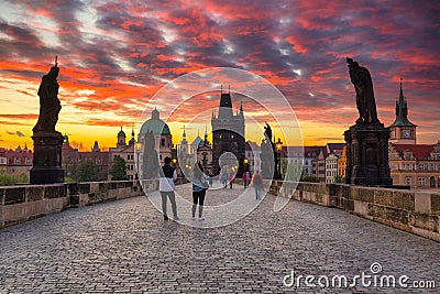 Charles bridge in Prague at sunrise, Czech Republic Editorial Stock Photo