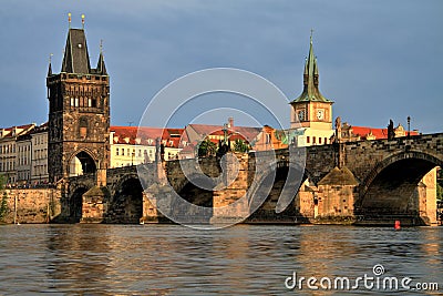 Charles Bridge at sunset, Prague Stock Photo