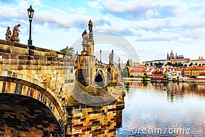 Charles bridges with beautiful statues in Prague, Czech Republic Stock Photo