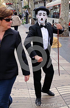 Charles Chaplin tribute artist, performs at Les Rambles street Editorial Stock Photo