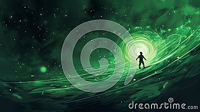 Charles Escaping Black Hole Towards Green Planet Stock Photo