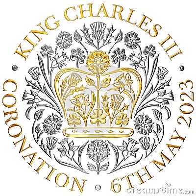 Charles Third Coronation gold and silver metallic symbol, UK Cartoon Illustration