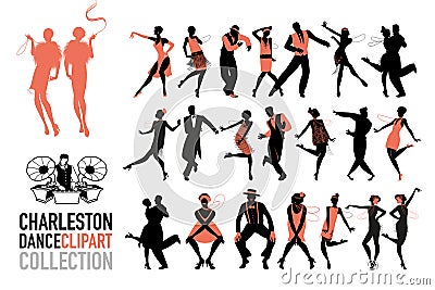 Charleston dance clipart collection. Set of jazz dancers isolated on white background Vector Illustration