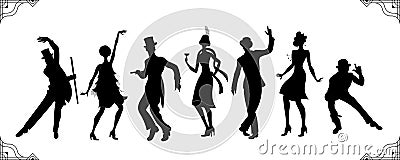 Charleston Party.black silhouette man and woman gold silhouette .Gatsby style set. Group of retro man dancing charleston.Vintage Vector Illustration