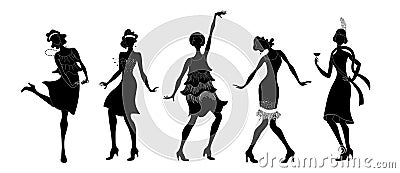 Charleston Party. Gatsby style set. Group of retro woman dancing black isolated silhouette charleston.Vintage style. retro dancer. Vector Illustration