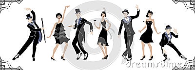 Charleston Party. Gatsby style set. Group of retro woman and man dancing charleston. Vintage style. retro silhouette dancer.1920 p Vector Illustration