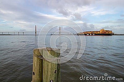 Charleston, South Carolina, United States - November 6, 2022: A cargo ship entering the Port of Charleston. The port is the Editorial Stock Photo