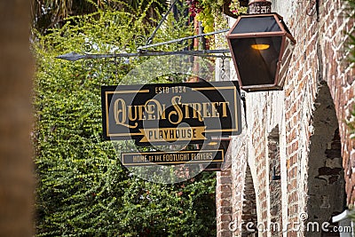 Charleston, South Carolina, United States, November 2019, a sign for queen street playhouse theatre Editorial Stock Photo