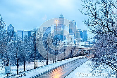 Charlotte north carolina city after snowstorm and ice rain Stock Photo
