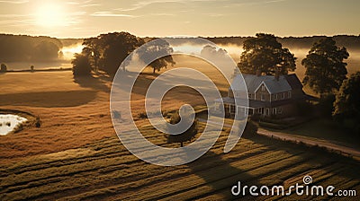 Charm of a cozy cottage surrounded by a meadow during sunrise Stock Photo