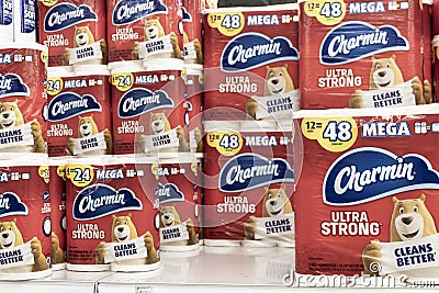 Charmin toilet paper and toilet tissue display. Charmin is a hygiene product manufactured by Procter & Gamble P&G Editorial Stock Photo