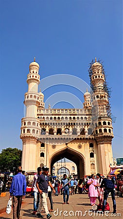 Charminar of Hyderabad as seen from Lad Bazar on a busy day. Editorial Stock Photo