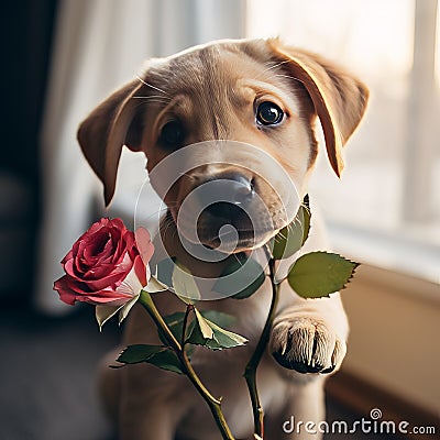 Charming Puppy with a Rose Stock Photo