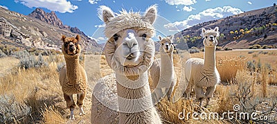 Charming alpacas leisurely grazing on vibrant green grass in a serene mountain pasture Stock Photo