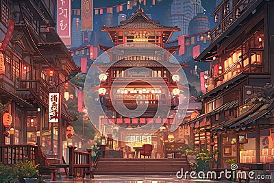 Charming Animeinspired Tokyo Cityscape With Cozy Traditional Architecture In The Evening Stock Photo