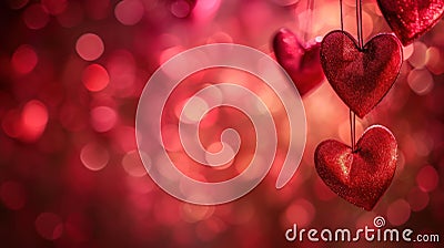 Red Hearts Hanging From Strings - Romantic Love Decorations for Valentines, Weddings, and Anniversaries Stock Photo
