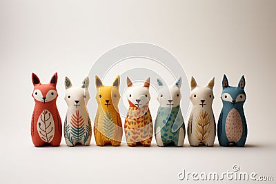 A charming array of foxes in vibrant colors and assorted patterns is neatly arranged against a clean white backdrop. Stock Photo