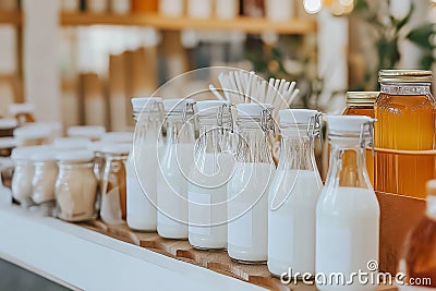 A charming array of glass bottles filled with fresh milk lines a rustic shelf, complemented by jars of honey and Stock Photo