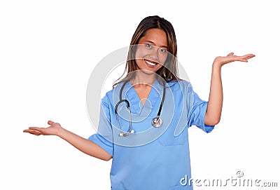 Charming asiatic nurse woman holding out her palms Stock Photo