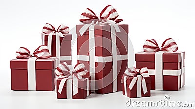 Charming assortment of red and white gift presents with ribbon bows on white background Stock Photo