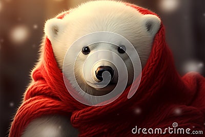 Charming baby polar bear, cozy in a vibrant red scarf Stock Photo