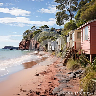 Charming beach with small houses in Australian landscape style Stock Photo