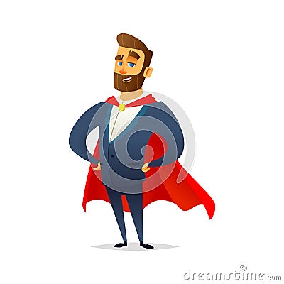 Charming bearded businessman wearing a superhero cloak. Manager is a hero. Modern flat character design. Vector Illustration