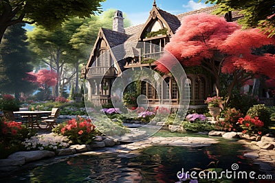 Charming Beautiful backyard exterior small house. Generate Ai Stock Photo