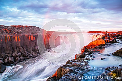 Charming beautiful waterfall Selfoss in Iceland with rainbow. Exotic countries. Amazing places. Popular tourist atraction Stock Photo